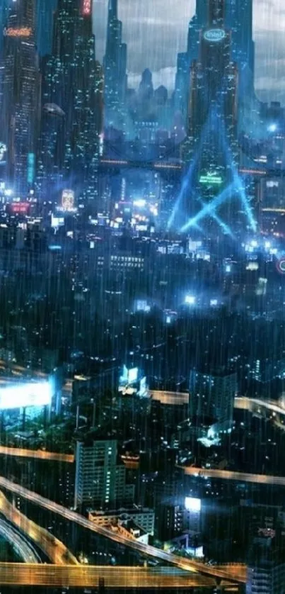 Futuristic cityscape with neon lights under rain.
