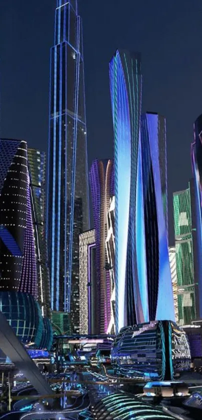 A futuristic cityscape with neon skyscrapers at night.