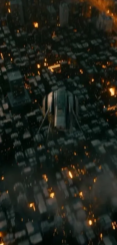 A futuristic cityscape with lights and skyscrapers at night.