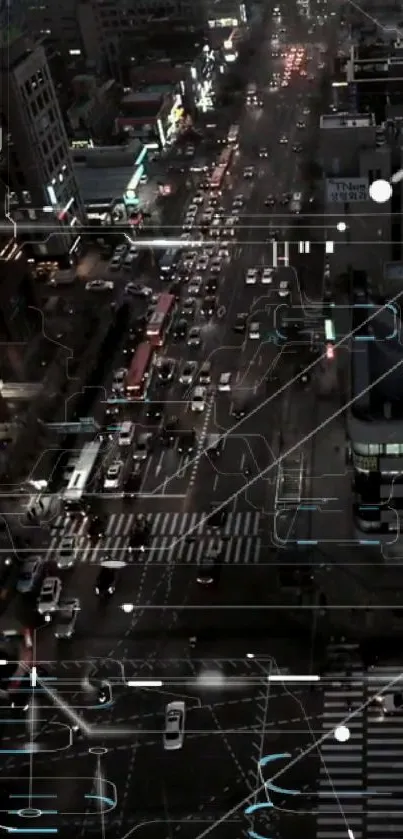 Futuristic cityscape with digital overlays and busy nighttime traffic.