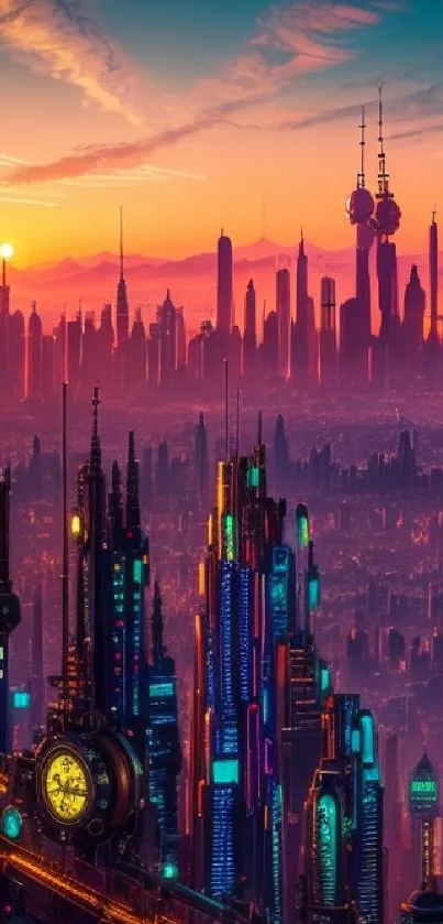 Futuristic city skyline at sunset with vibrant lights and skyscrapers.