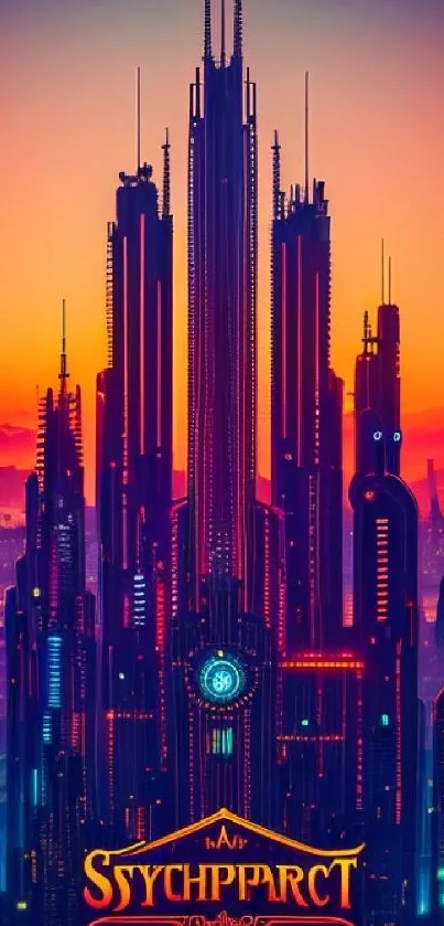 Futuristic cityscape at sunset with neon lights and tall skyscrapers.