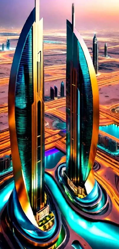 Futuristic cityscape with towering skyscrapers and vibrant lights.