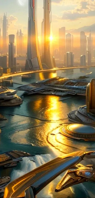 Futuristic cityscape with golden sunset reflections and sleek architecture.