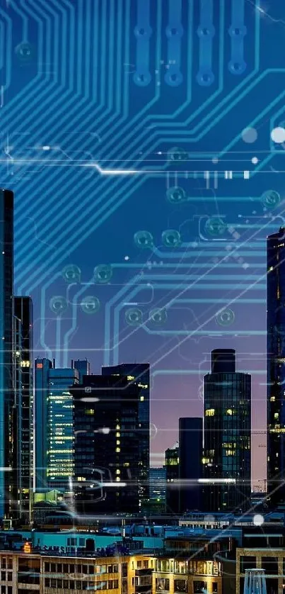 Futuristic cityscape with circuit design overlay at night.