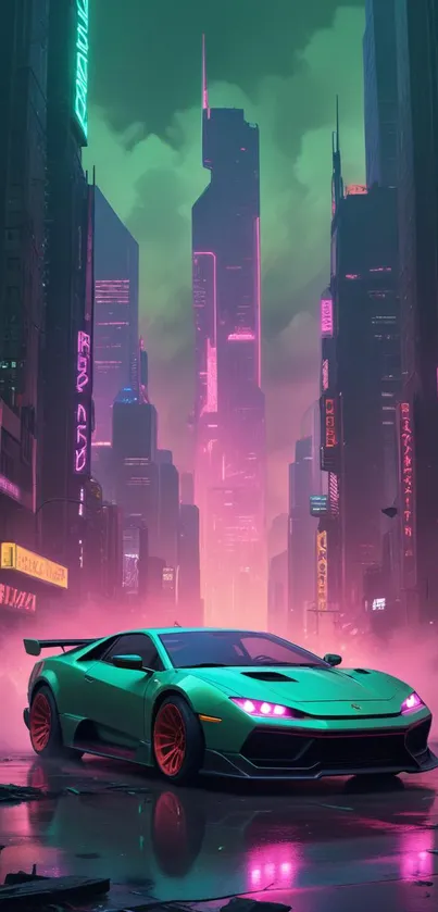 Futuristic city with neon-lit car and skyscrapers at night.