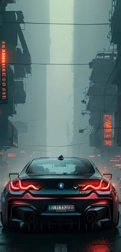 Futuristic cityscape with neon lights and a sports car at night.