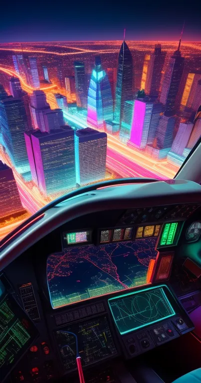 Futuristic cockpit view over neon cityscape at night.