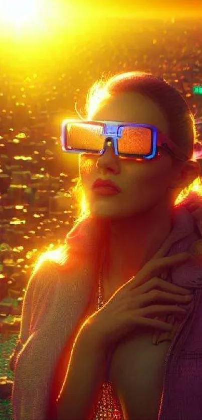 Futuristic cityscape with neon glasses in glowing sunrise.