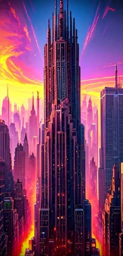 Futuristic cityscape with a sunset glow and towering skyscrapers.