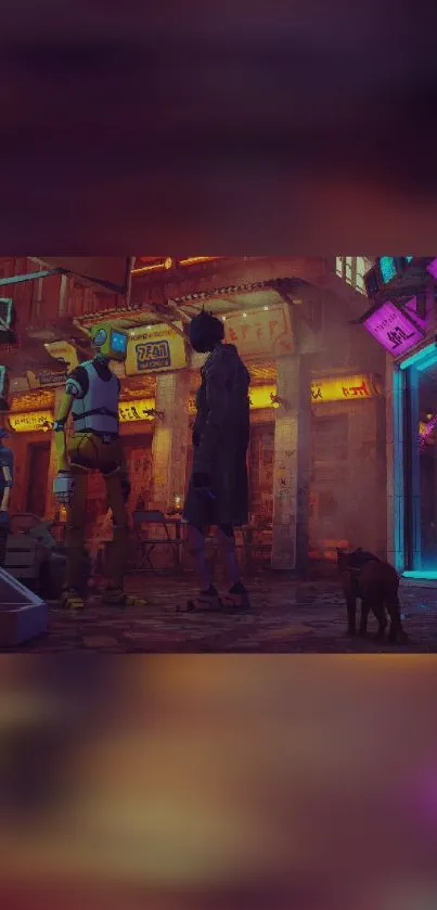 Futuristic city with neon lights and characters in a cyberpunk setting.