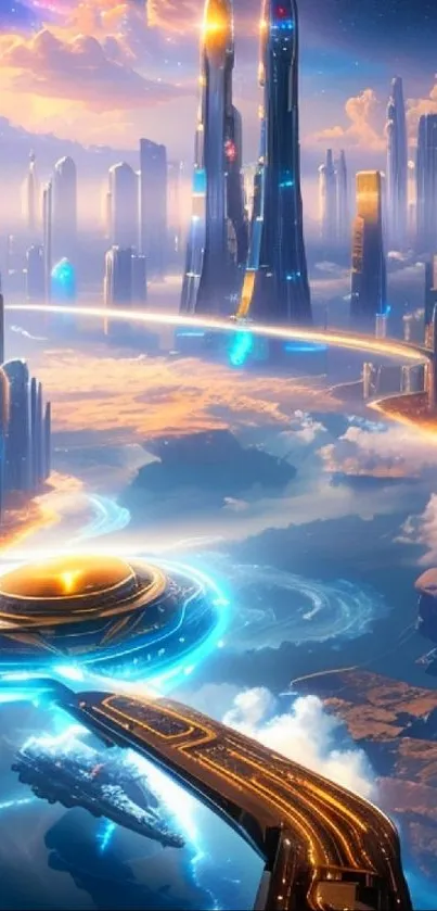 Futuristic cityscape with neon lights and flying vehicles in a sci-fi setting.