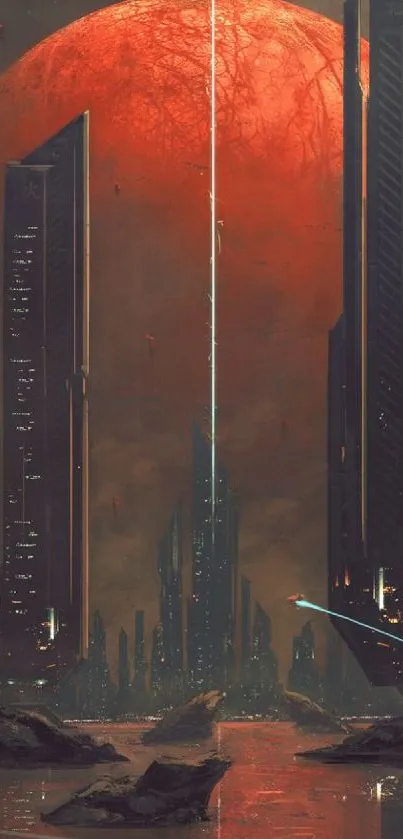 Futuristic cityscape with red planet in background.