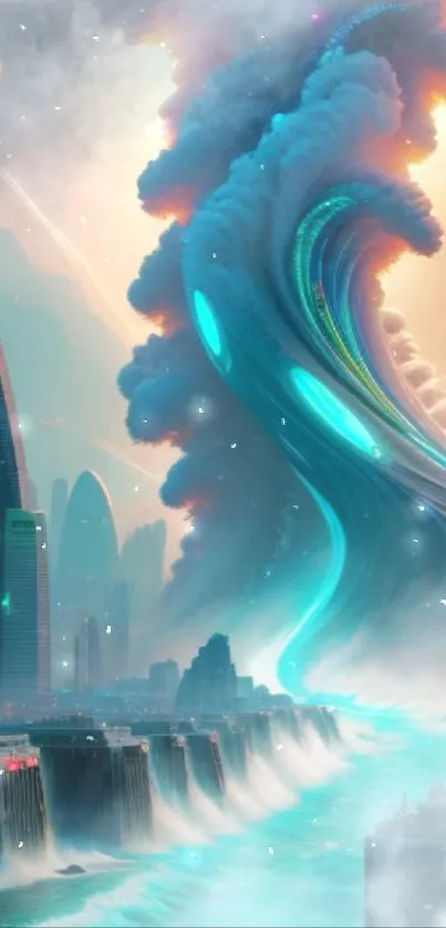 Futuristic cityscape with swirling ethereal clouds in vibrant fantasy art.
