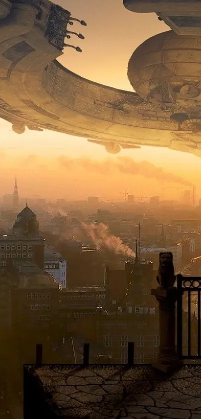 Futuristic spaceship hovers over a cityscape at orange sunset.