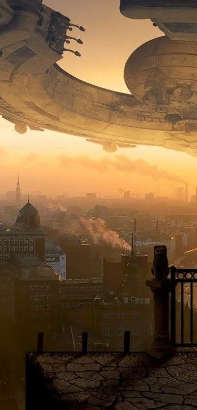 Futuristic cityscape with hovering spaceship and golden brown skies.