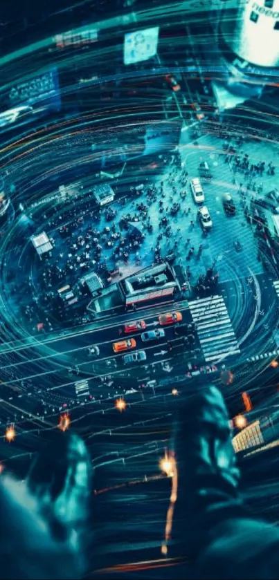 Futuristic aerial view of a neon-lit cityscape.