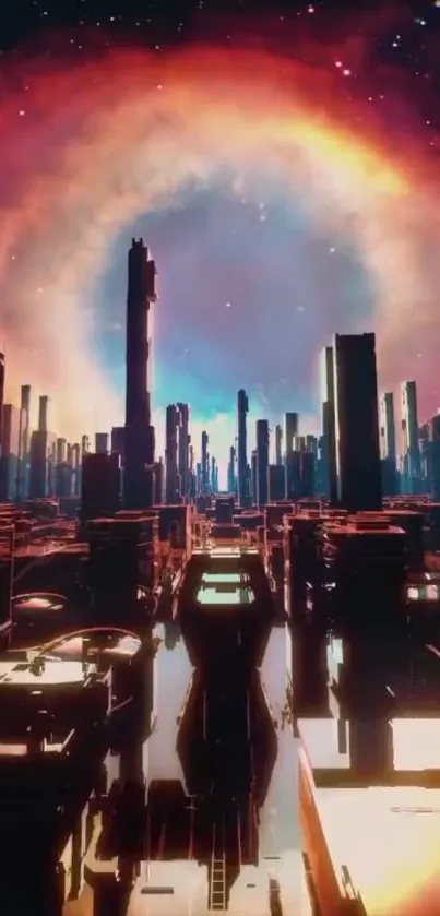 Futuristic city skyline with neon glow and cosmic backdrop.