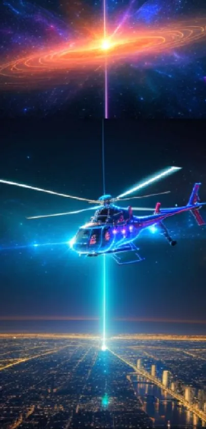 Helicopter and cityscape with cosmic background wallpaper.