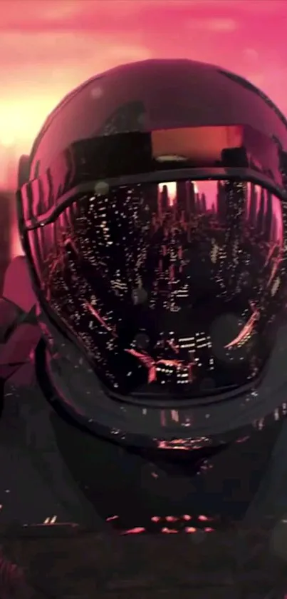 Futuristic helmet reflecting cityscape with pink hues.