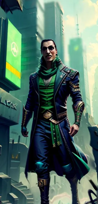 Futuristic hero in vibrant cityscape with green and blue hues.