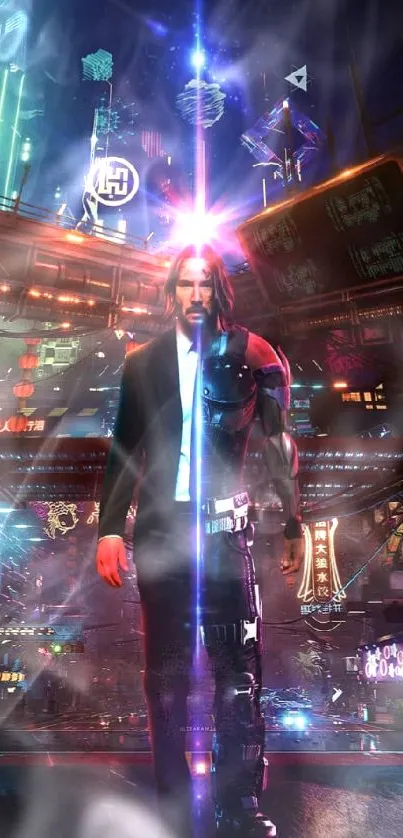 Cyberpunk hero in a neon-lit futuristic city.