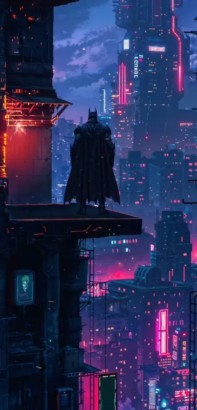 Dark hero overlooks futuristic neon cityscape from a rooftop.