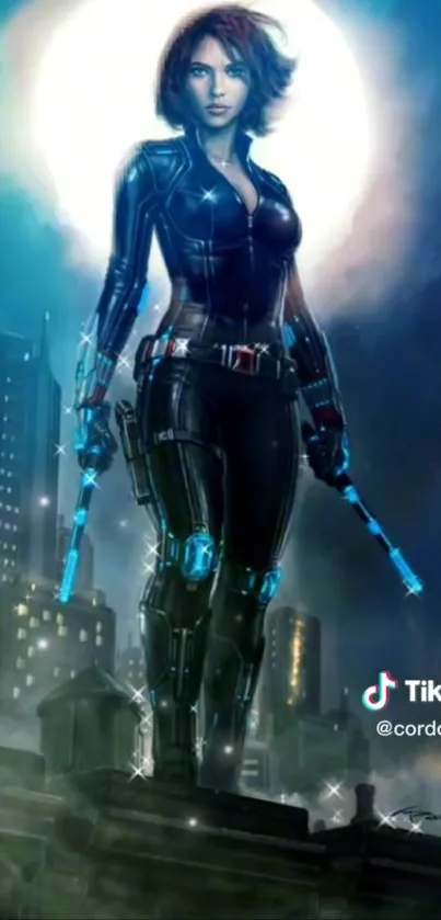 Heroine in futuristic blue cityscape with glowing night sky.