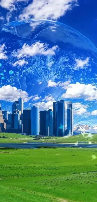 Futuristic city within a transparent sphere under a vivid blue sky.