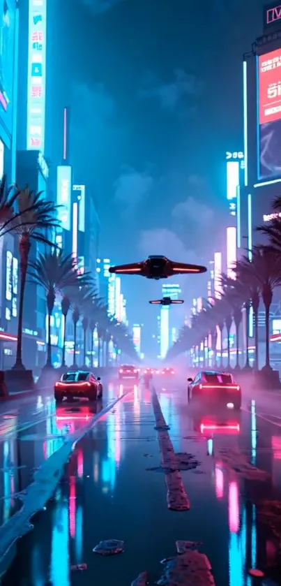 Futuristic cityscape with neon lights and hovering vehicles at night.