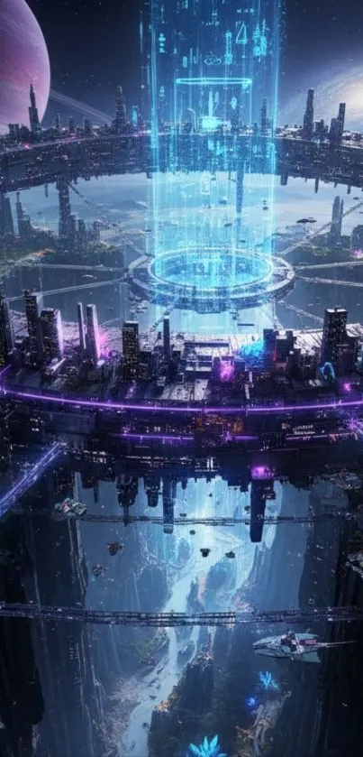 Futuristic city with neon lights and a cosmic background