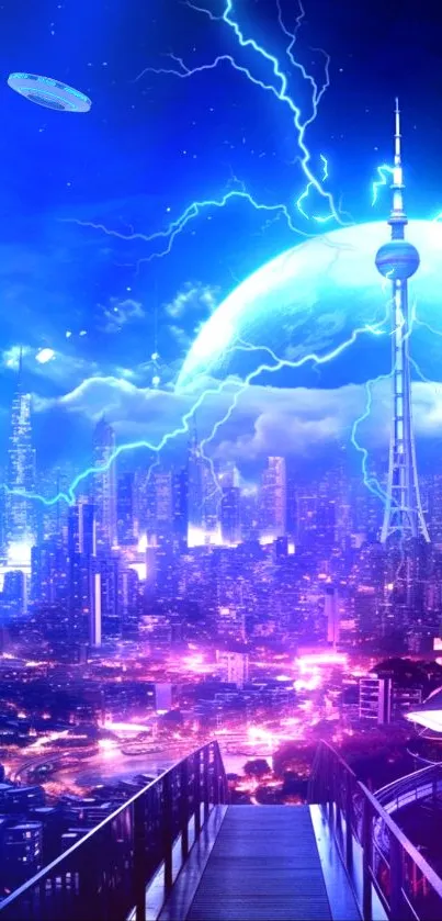 Futuristic cityscape with lightning under a glowing blue sky at night.