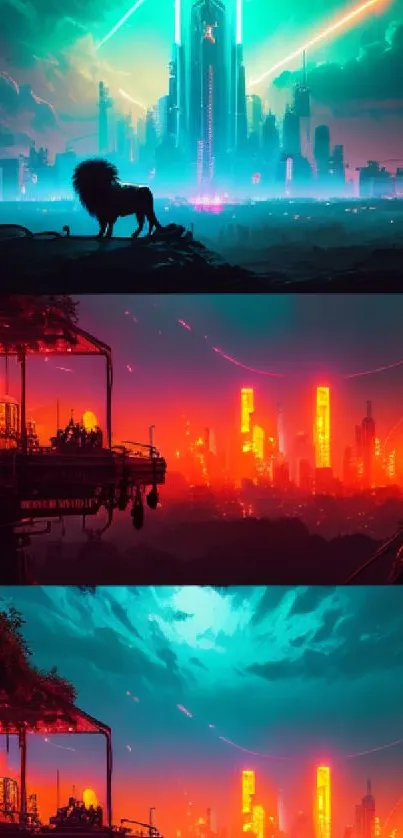 Majestic lion silhouette in a neon futuristic cityscape on phone wallpaper.
