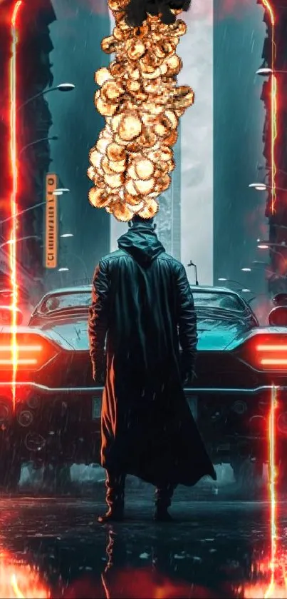 Futuristic cityscape with neon lights, a car, and a figure.