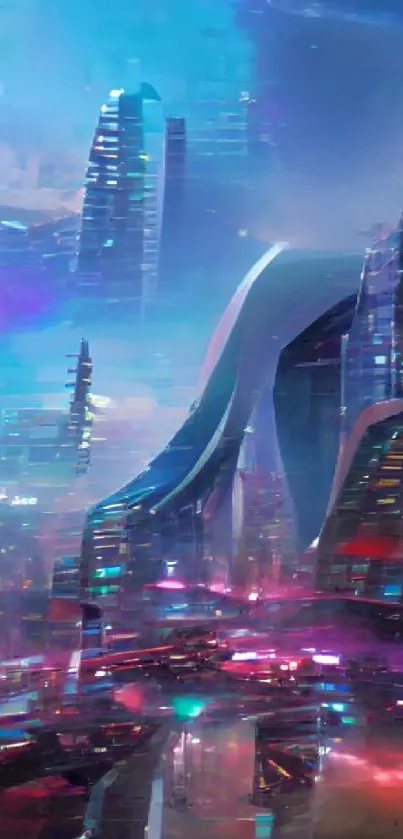 Futuristic cityscape with neon lights and tall skyscrapers in dynamic hues.