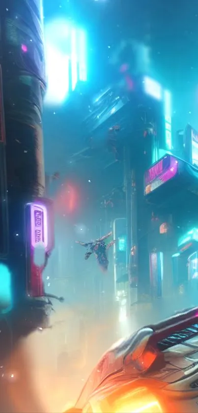 Vibrant futuristic cityscape with neon lights and a sci-fi atmosphere.