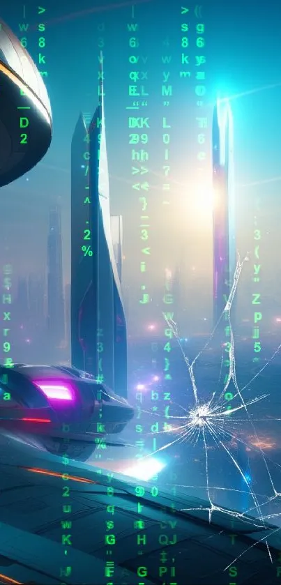 Futuristic cityscape with glowing skyscrapers and neon lights in a blue hue.