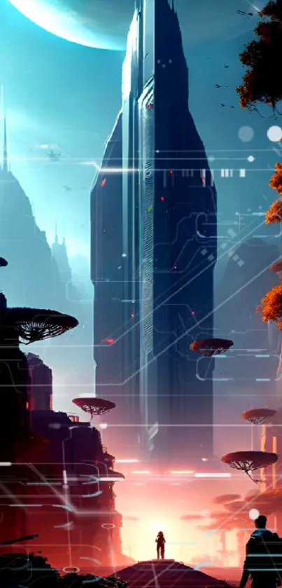 Futuristic cityscape with towering structures and vibrant colors.