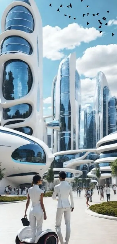 Futuristic cityscape with sleek towers and clear blue sky, perfect wallpaper artistry.