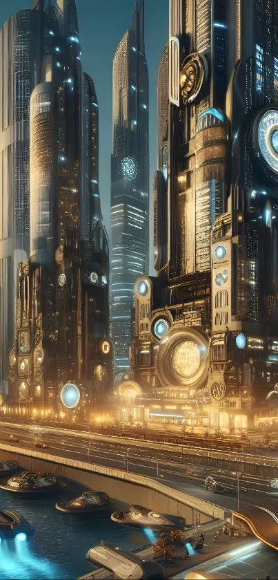Futuristic cityscape wallpaper with skyscrapers and flying cars.