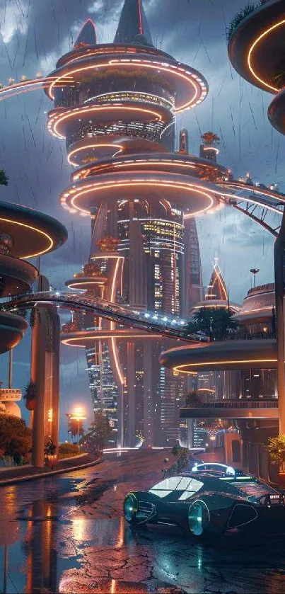 Futuristic cityscape with neon lights and sleek car.