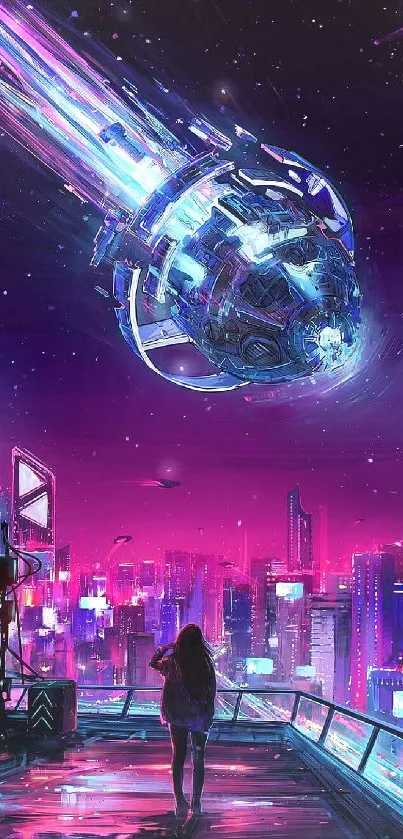 Futuristic cityscape with neon lights and spacecraft.