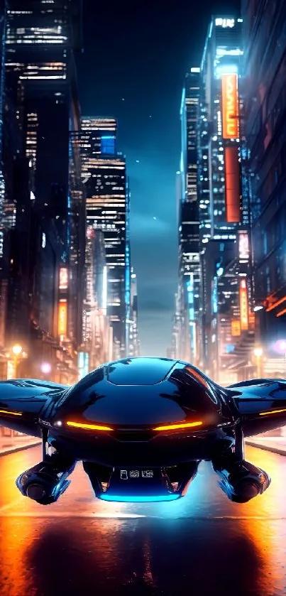Futuristic cityscape with flying car at night.