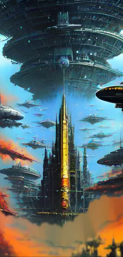 Futuristic cityscape with spaceships and skyscrapers.
