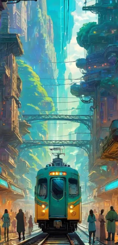 Futuristic cityscape with teal train and vibrant urban architecture.