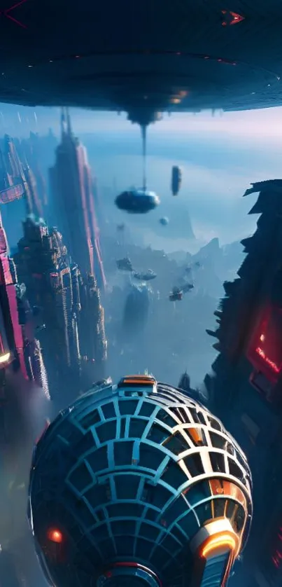 Futuristic cityscape with neon lights and floating structures.