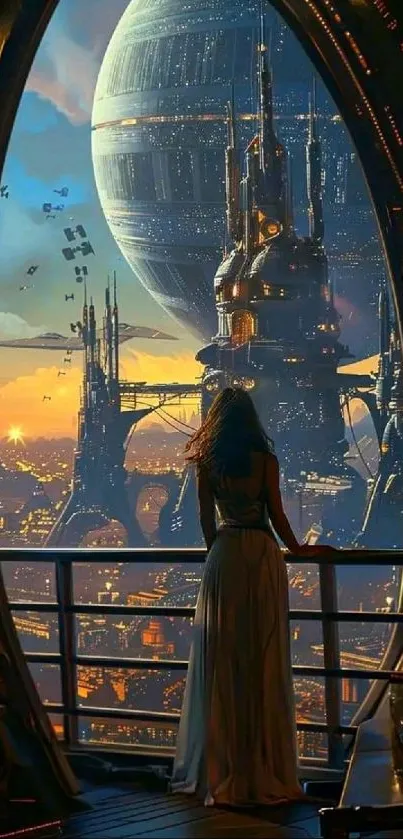 Futuristic cityscape viewed from balcony with cosmic sky.