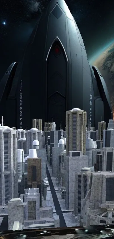 Futuristic cityscape with towering structures and distant planet.