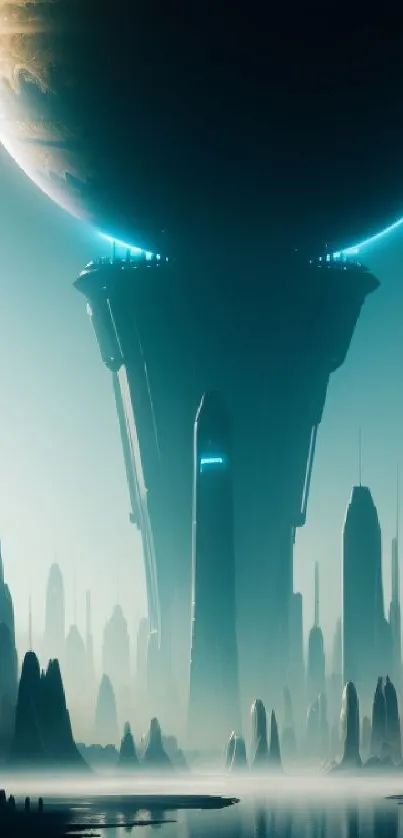 Futuristic cityscape with skyscrapers and glowing planet.