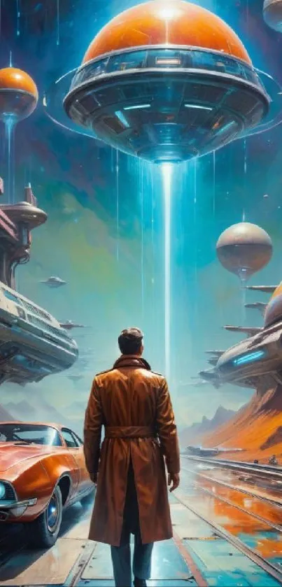 A lone figure in a trench coat stands before a futuristic cityscape with hovering orbs.